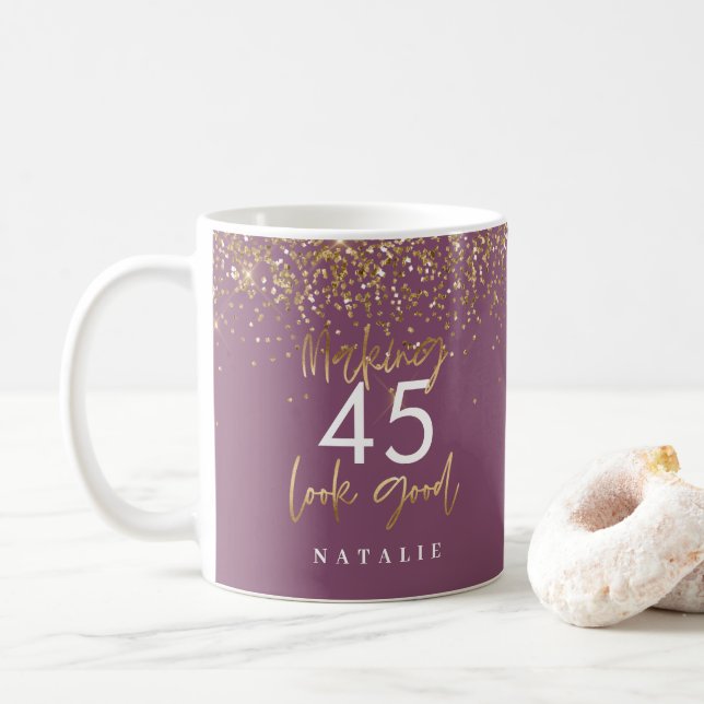Caneca De Café Púrpura brilhante moderna e aniversário de 45 hora (Com Donut)