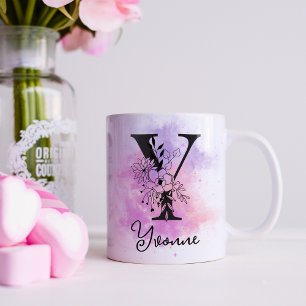 Caneca De Café Púrpura rosa - Letra preta floral, cor-de-rosa, mo