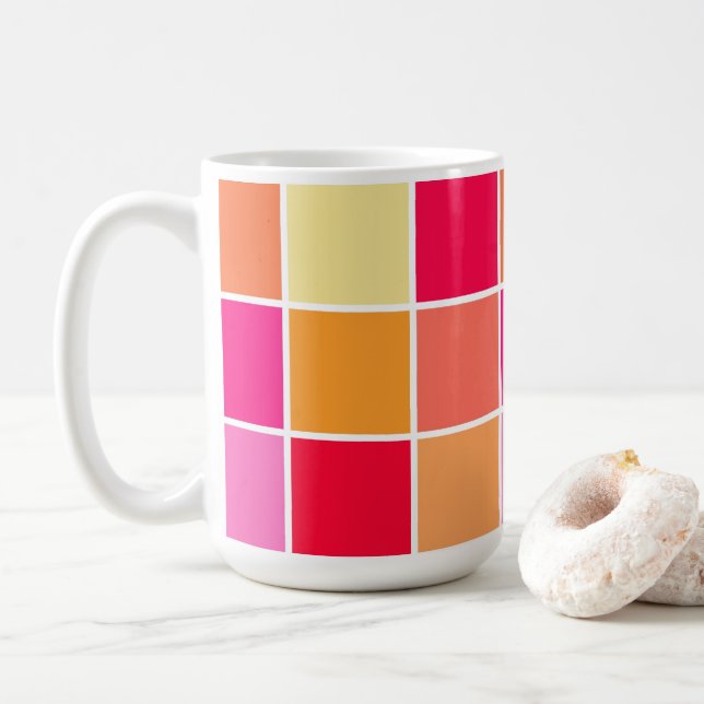 Caneca De Café Quadrados Rosa, Laranja e Amarelo (Com Donut)