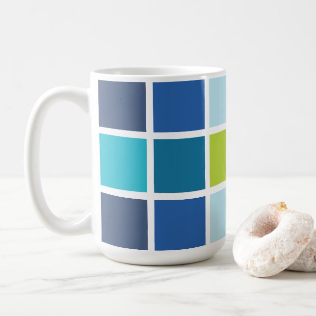 Caneca De Café Quadrados Xadrez Azul Verde  (Com Donut)