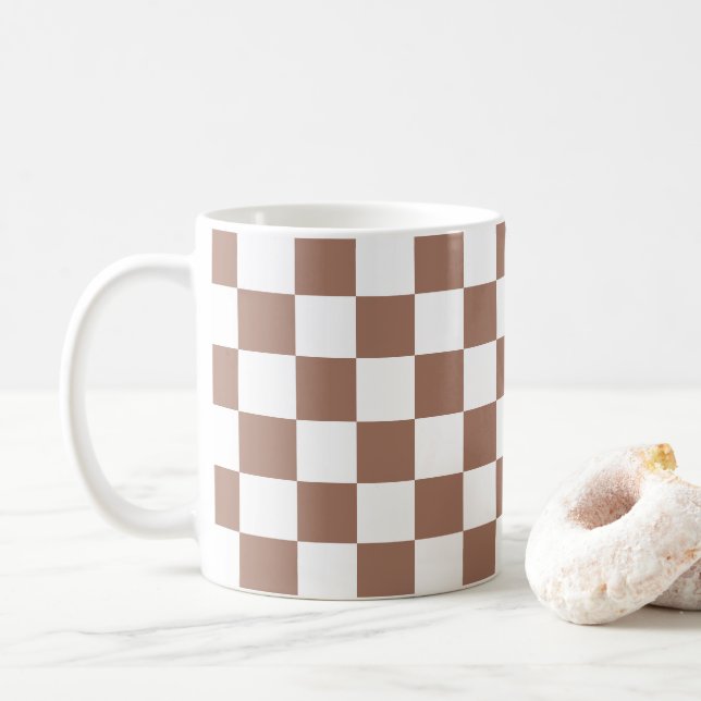 Caneca De Café Quadrados xadrez marrom mocha branco geométrico re (Com Donut)