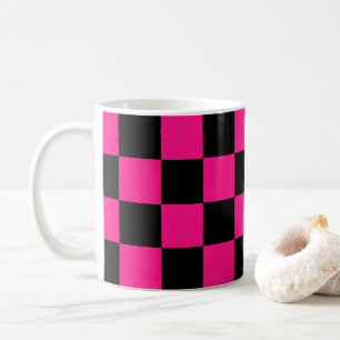 Caneca De Café Quadrados xadrez rosa quente preto geométrico retr