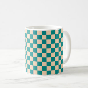 Caneca De Café Quadro de Verificação de Ciano Escuro e Pêssego Su