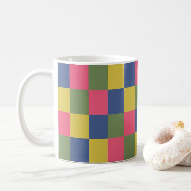 Caneca De Café Quadro de Verificação Verde Amarelo Azul (Com Donut)