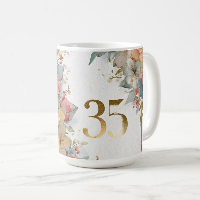 Caneca De Café Quadro Floral com Número 35 para Anniverário (Frente Esquerda)