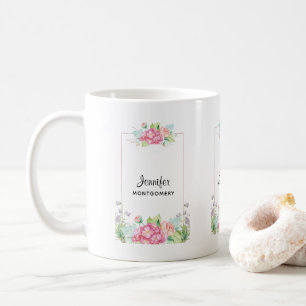 Caneca De Café Quadro Floral de Cor de Água Rosa Moderna