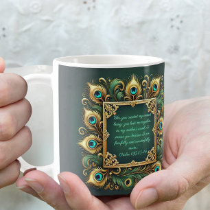 Caneca De Café Quadro Pavão Dourado Verde Personalizável