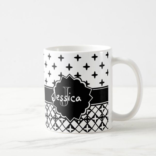 Caneca De Café Quatrefoil branco preto Monogrammed (Direita)