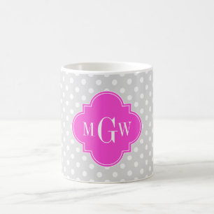 Caneca De Café Quatrefoil Rosa Quente, Bolinhas Lt Cinza 3 Monogr