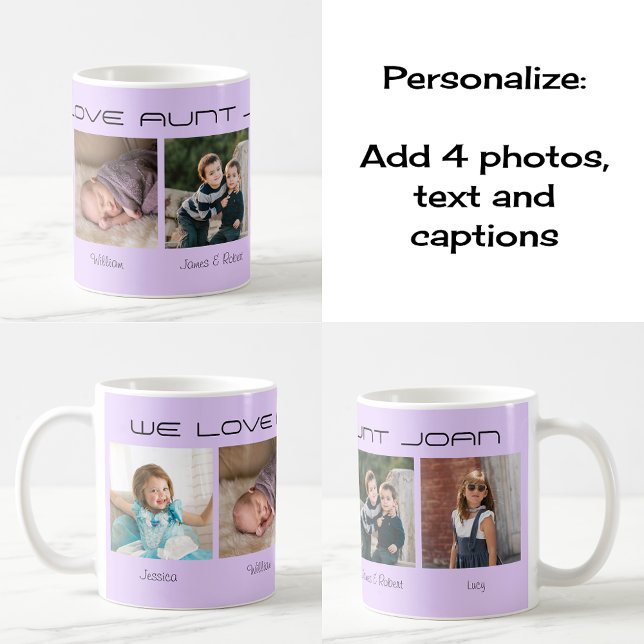 Caneca De Café Quatro fotos editáveis texto personalizado lilac (Classic coffee mug. 'Design theme' lilac)