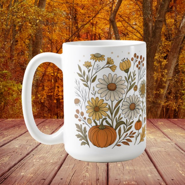 Caneca De Café Queda Floral Pumpkins Flagrantes Decência de Flore (Wildflowers and pumpkins Thanksgiving/fall/autumn mug)