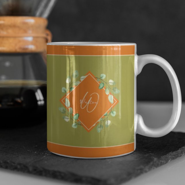 Caneca De Café Queda Folha Laranja e Verde Monograma (Criador carregado)