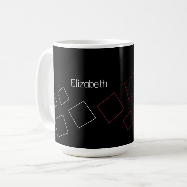 Caneca De Café Quic Geométrico Vermelho Preto Monograma, Branco (Frente Esquerda)