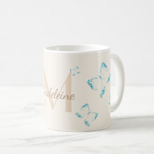 Caneca De Café Quic Whimsical Elegant Blue Butterflies Monograma