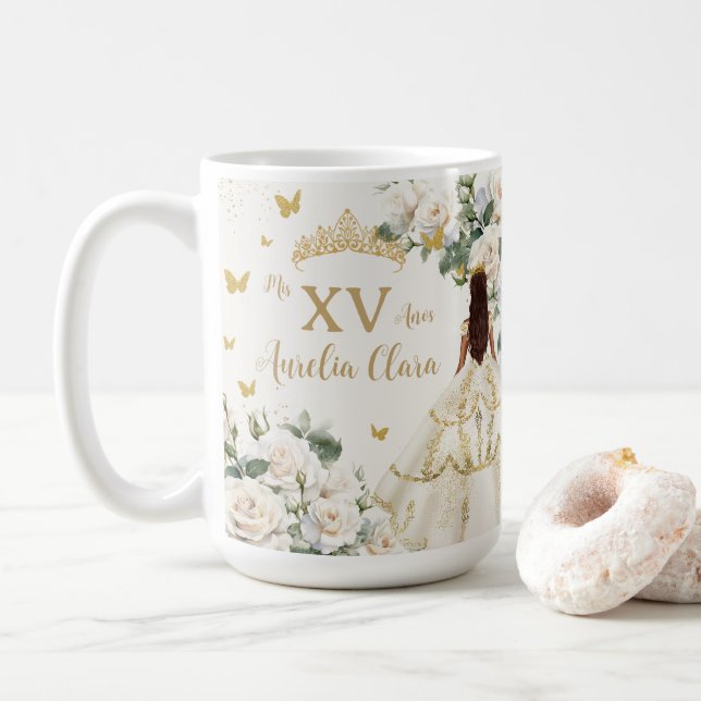 Caneca De Café Quinceañera Ivory White Floral Dress Princesa Dour (Com Donut)