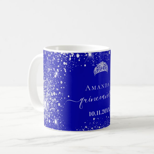 Caneca De Café Quinceanera nome da tiara azul real da cinta prate (Frente Esquerda)
