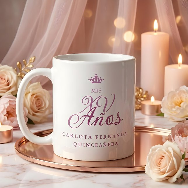 Caneca De Café Quinceañera Romantic Exquisite Mis XV Spanish  (Quinceañera Romantic Exquisite Mis XV Spanish Calligraphy Princess Crown Coffee Mug for Quinceañera.)