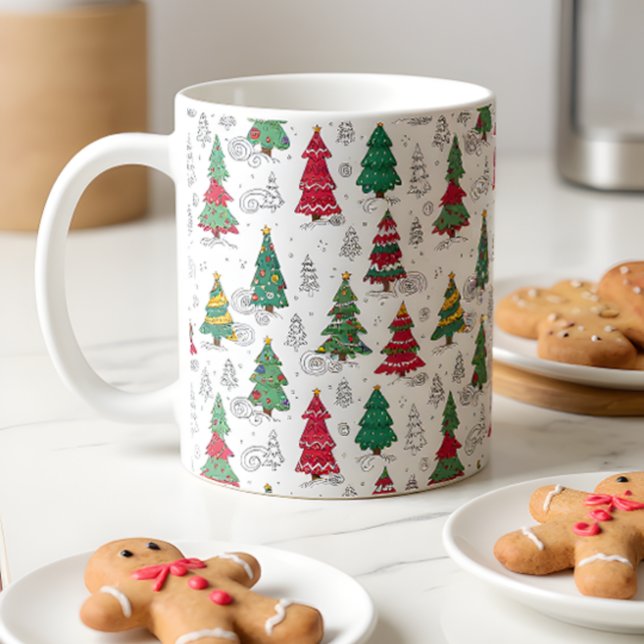 Caneca De Café Quirky Whimsical Decorated Christmas Trees Doodles (Criador carregado)