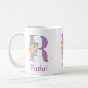 Caneca De Café R Monograma Floral Roxo Aquarela Personalizada