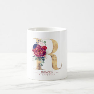 Caneca De Café R Monograma Floral Vermelho e Marinho Azul