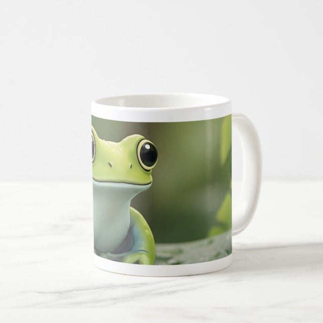 Caneca De Café Rã Verde Fofa na Folha (Frente Esquerda)