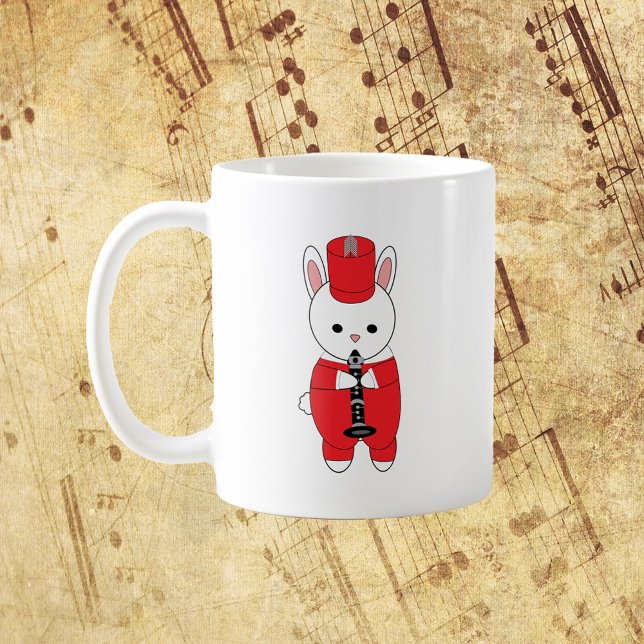 Caneca De Café Rabbit Clarinet Marching Banda Vermelho Branco (A mug with a white rabbit playing the clarinet wearing a red and white marching band uniform.)