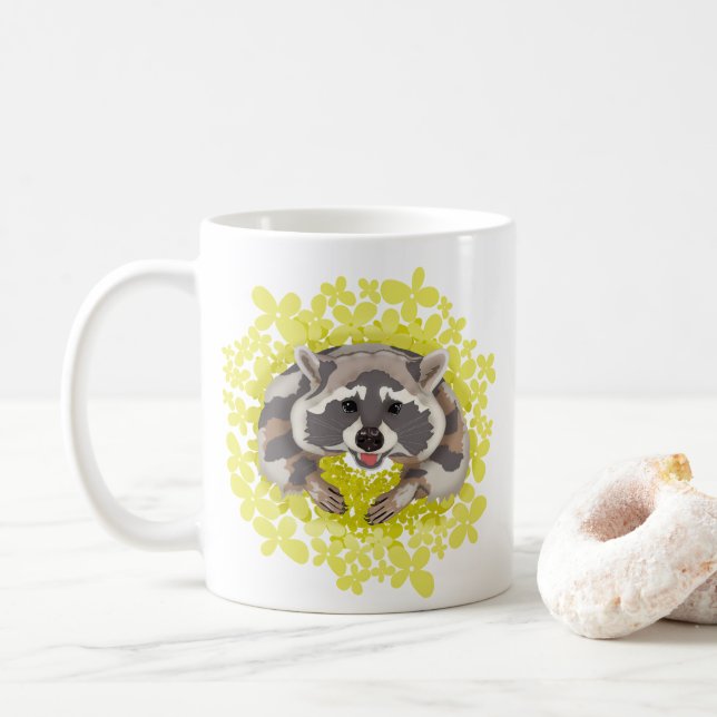 Caneca De Café Raccoon com flores amarelas (Com Donut)