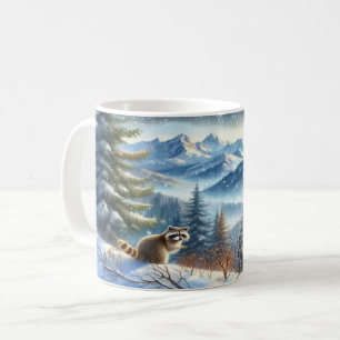 Caneca De Café Raccoon em uma Floresta de Montanha Snowy