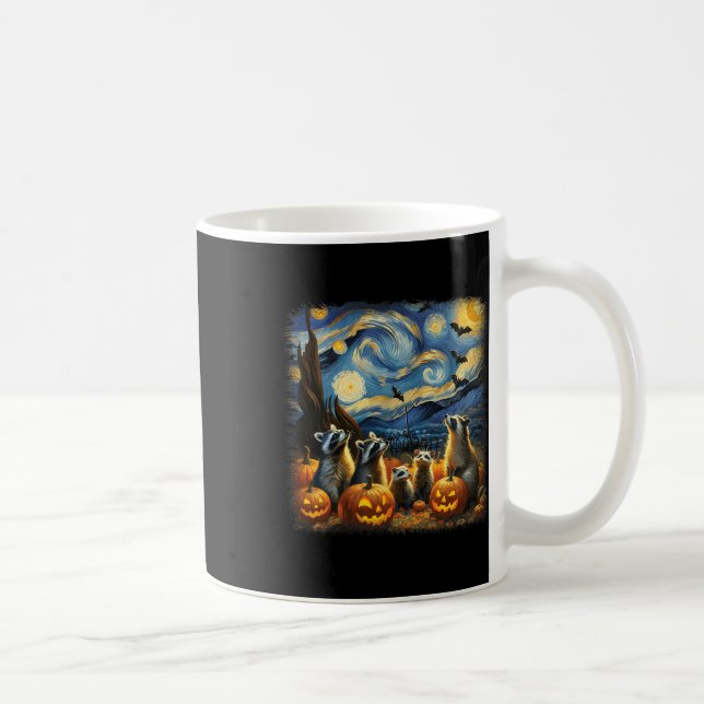 Caneca De Café Raccoons E Possum Halloween Fall Van Gogh Starry (Direita)