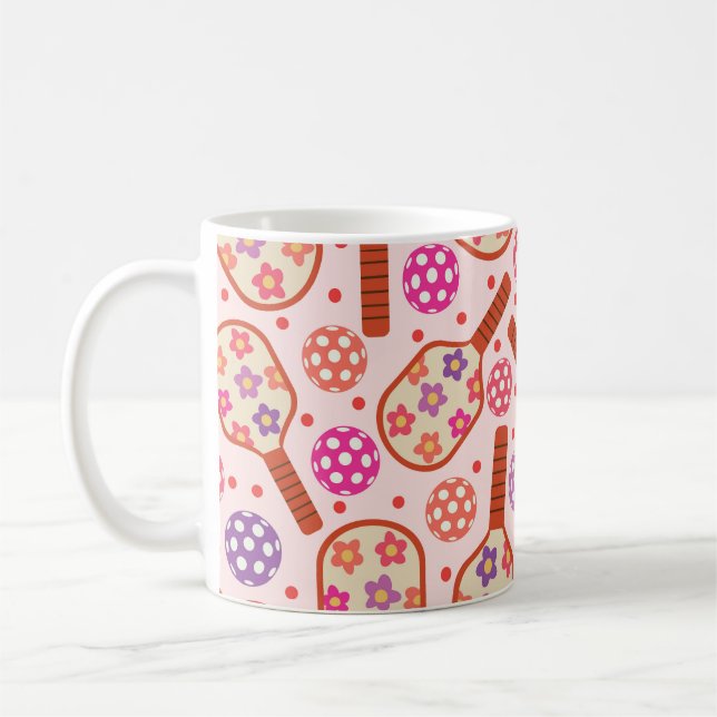 Caneca De Café Rackets de Pickleball com Padrão de Flores Retrô (Esquerda)