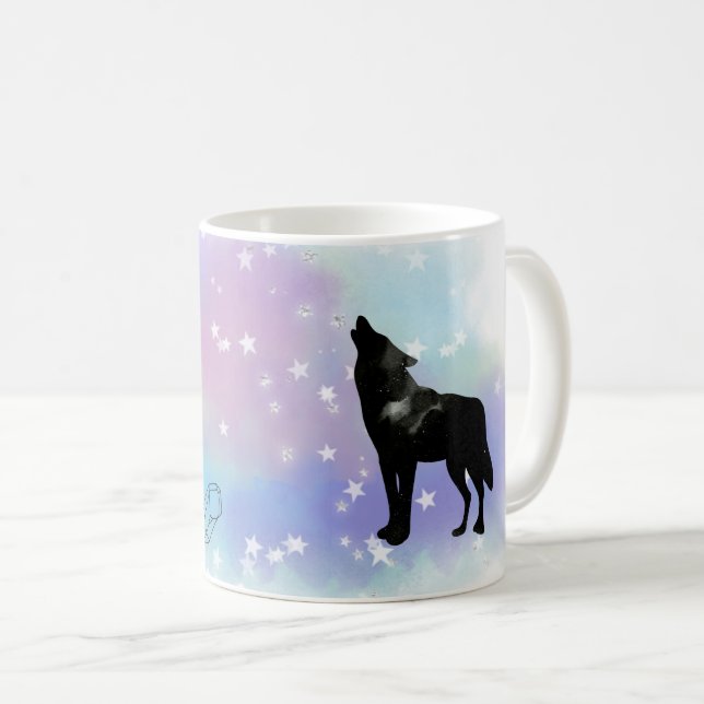 Caneca De Café *~* Rainbow Cosmic Moon Howling Wolf Crystals (Frente Esquerda)