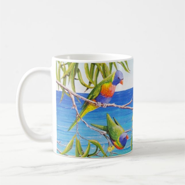 Caneca De Café Rainbow Lorikeet Beachy Blue Pintura Australiana (Esquerda)