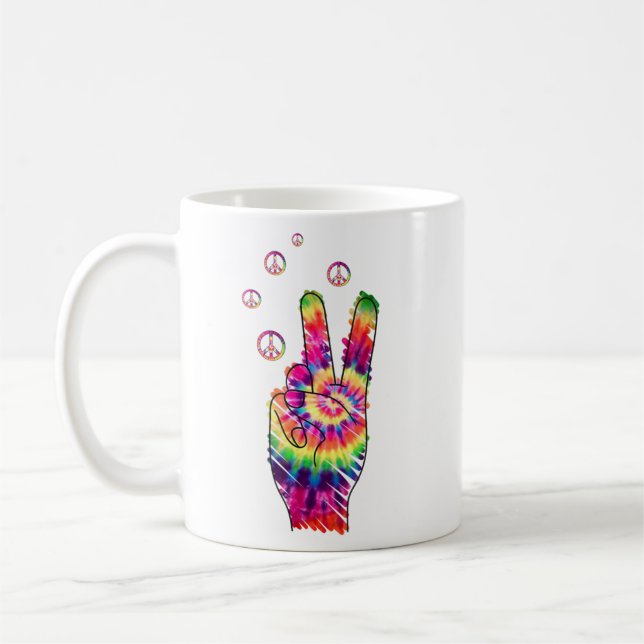 Caneca De Café Rainbow Retro Tie Dye Psychedelic Peace Sign Hand  (Esquerda)