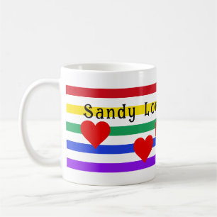 Caneca De Café Rainbow Stripes Corações Nomes Personalizados