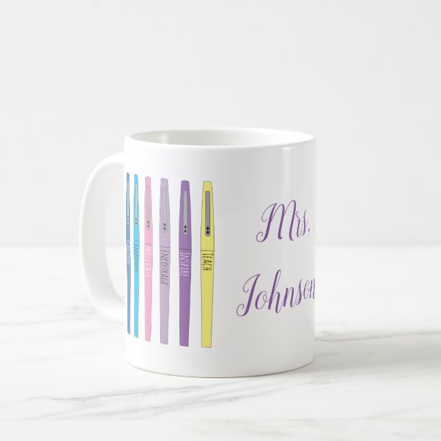 Caneca De Café Rainbow Teacher Caneta Inspirational Mug com Nome (Frente Esquerda)