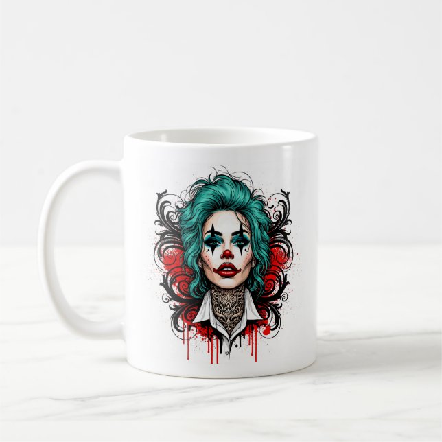 Caneca De Café Rainha Palhaço de Cabelo Ciano - Design Chic Assus (Esquerda)