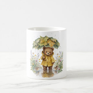 Caneca De Café Rainy Teddy Bear Autumn Umbrella Art