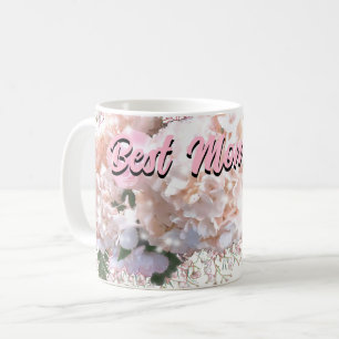 Caneca De Café Raios brancos românticos hidrangeas rosa rosas mãe