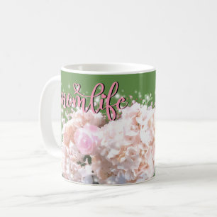 Caneca De Café Raios brancos românticos hydrangas rosa rosas #mom