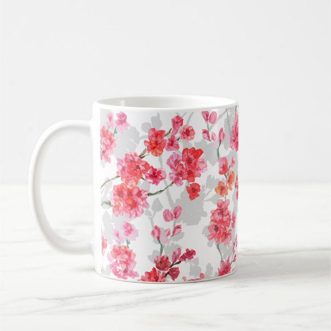 Caneca De Café Ramais de cereja florescem em branco e cinza (Esquerda)