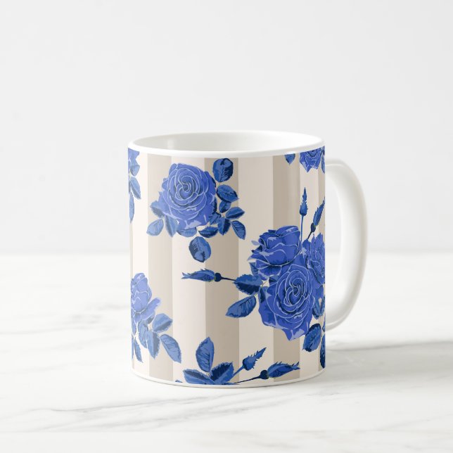 Caneca De Café Ramalhetes azuis de rosas em um fundo listrado  (Frente Esquerda)