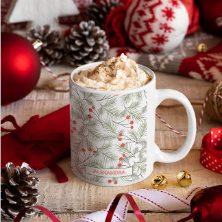 Caneca De Café Raminhos de Pinheiro e Frutas Natal Nome Personali