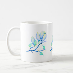 Caneca De Café Ramo de Magnólia em Aquarela Azul Verde Botânico