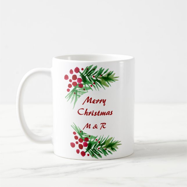 Caneca De Café Ramos de Pinheiro Fofos Com Bagas Vermelhas (Esquerda)