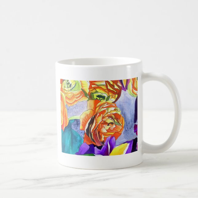 Caneca De Café Ranunculus e Iris watercolor art (Direita)