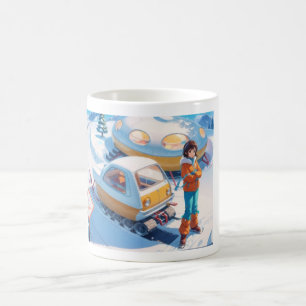 Caneca De Café Rapariga com moto de neve retrô