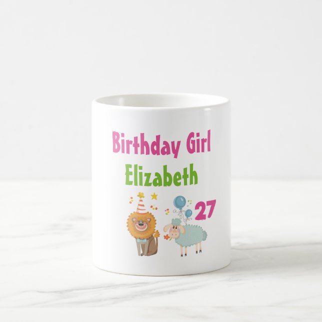 Caneca De Café Rapariga de aniversário com leão de festa e bexiga (Centro)