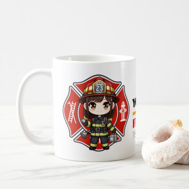 Caneca De Café Rapariga de Bombeiro Kawaii - (Com Donut)