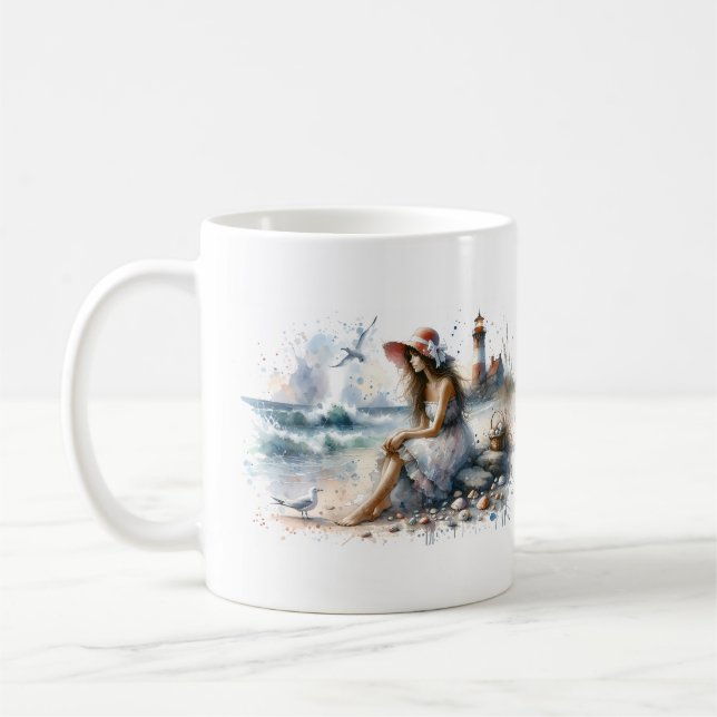 Caneca De Café Rapariga Romântica de Aquarela por Farol (Esquerda)