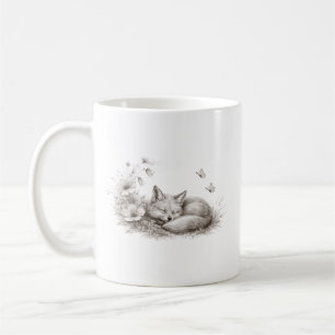Caneca De Café Raposa Adormecida em Flor Soft Monocromático Bosqu